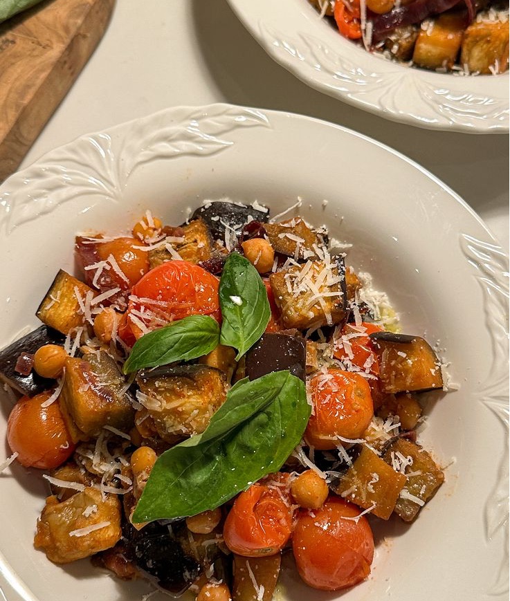 Roasted Aubergine and Chickpeas with Tomato, Basil & Parmesan